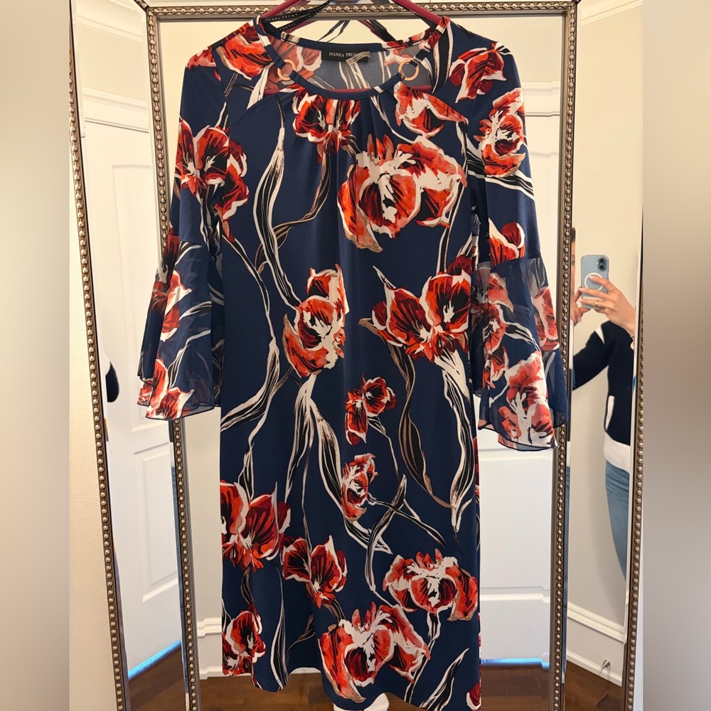 Ivanka Trump Navy Dress with Red Floral Design